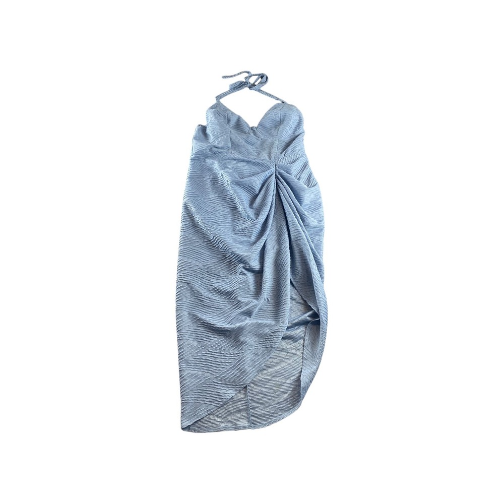 Light Blue Ruched Halter Neck Maxi Dress Metallic Sheen Party Evening‎